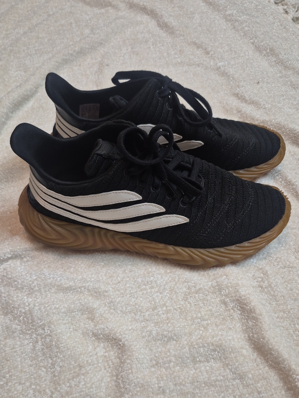 adidas Black Knit Sneakers with White Stripes and Gum Sole